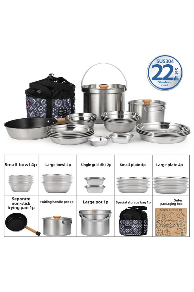 22 piece pot set NOBANA&CLS Newset Outdoor Camping Stainless Steel 14P 22PCS Triple Stencorpel Set C