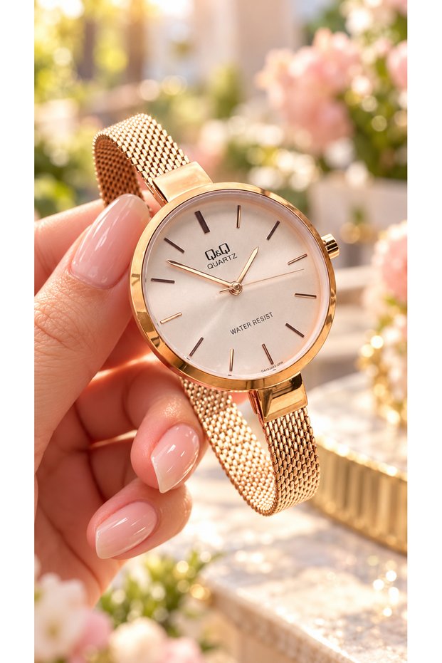 Rose-Colored 30mm Case, Woven Steel Thin Strap (1cm), Women's Wristwatch with Stones + Heart-Shaped Bracelets.