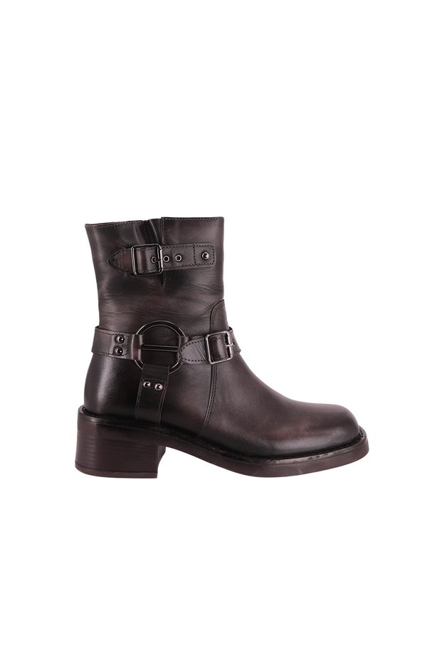 26105452 Genuine Leather Women's Boots with Brown Buckle and Zipper