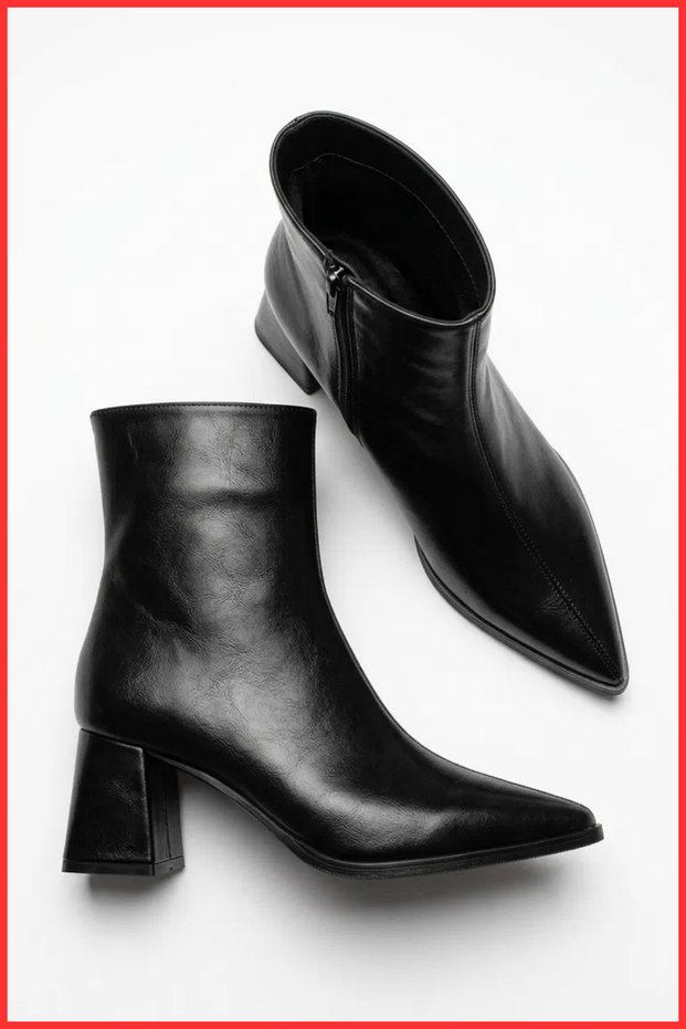 Beraci Women's Black Leather Plain Pointed Toe Ankle Heeled Boots