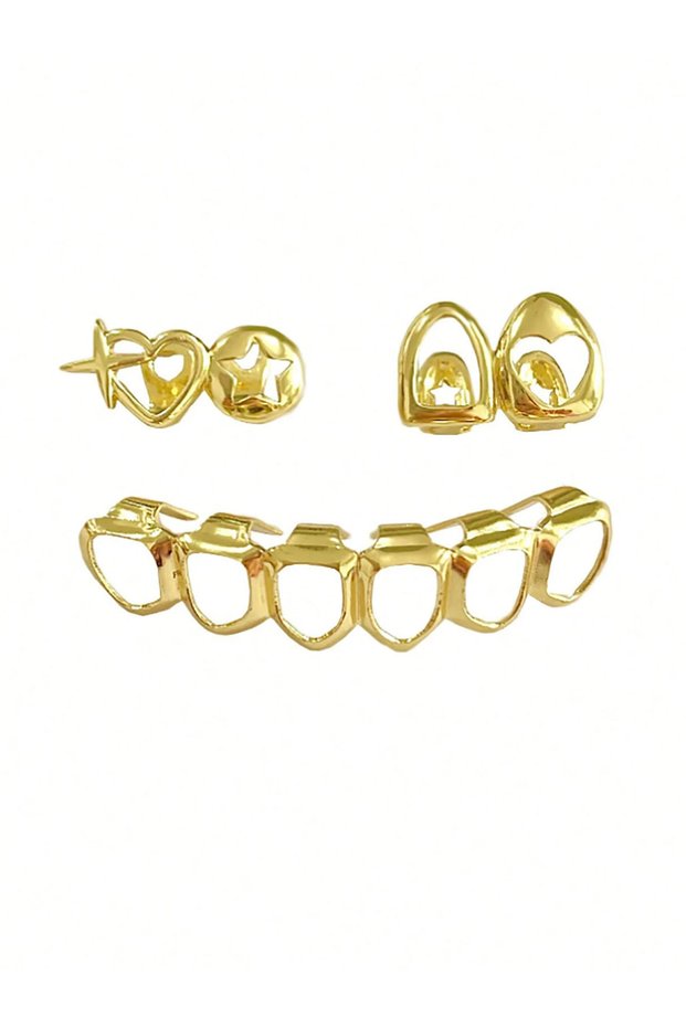 Golden A Set Of Fashionable Tooth Decorations With Hollowed-Out Heart-Shaped Stars Paired With Hip-H