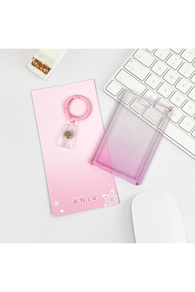 Gradually varied pin 1pc Gradient Pink Transparent Sliding Cover Card Holder With Keychain, Work Stu