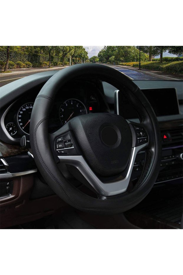 black New Full Leather Universal Car Steering Wheel Cover Breathable Anti Slip Car Decoration 37-38c