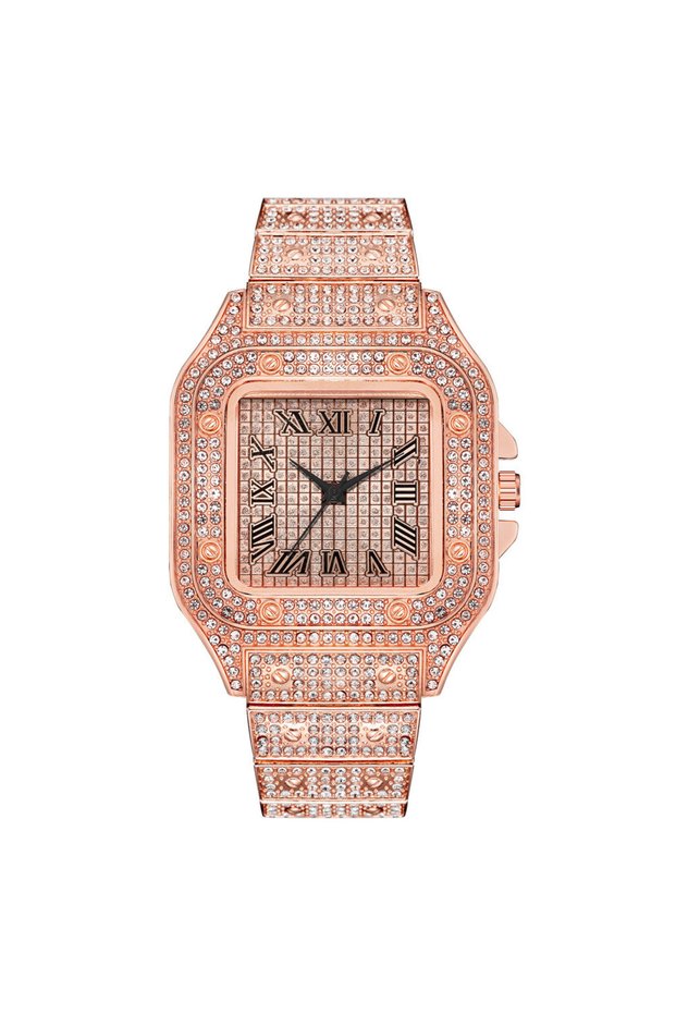 rose gold Classic Luxury Business Men's Steel Strap Square Roman Scale Rhinestone Quartz Watch Lesiu