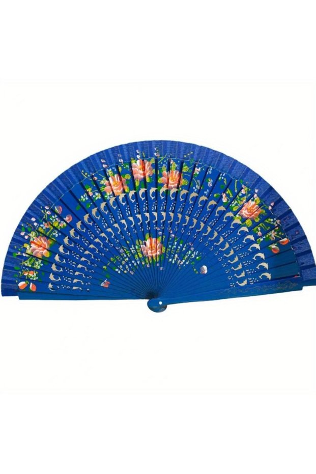 Royal Blue Folding Fan Wood Spanish Fan for Dancing Printing Hand Folding Fan Home Decoration Orname