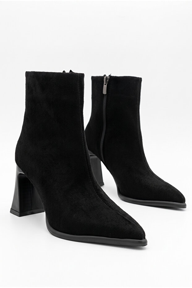 Women's Thick Heeled Pointed Toe Casual Black Suede Boots with Sewing Detail