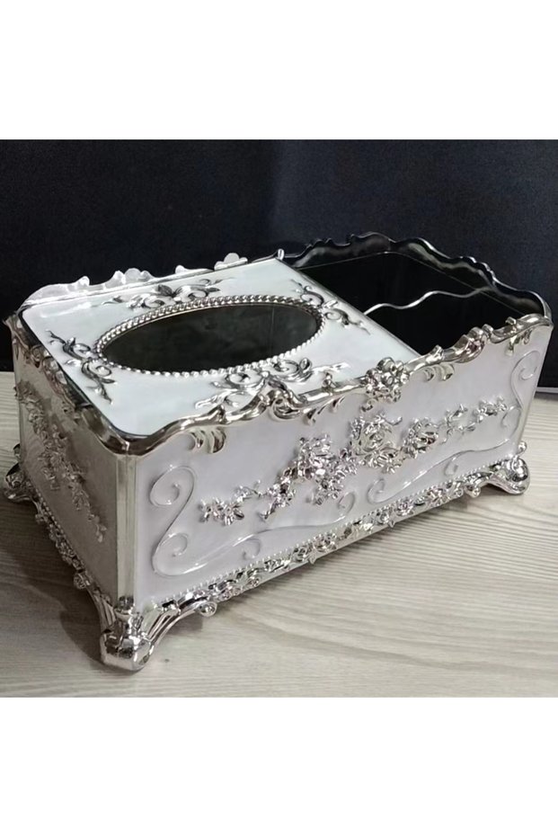 C-Silver white 1PC Multifunctional European Style Tissue Box, Living Room Desktop Remote Control Sto