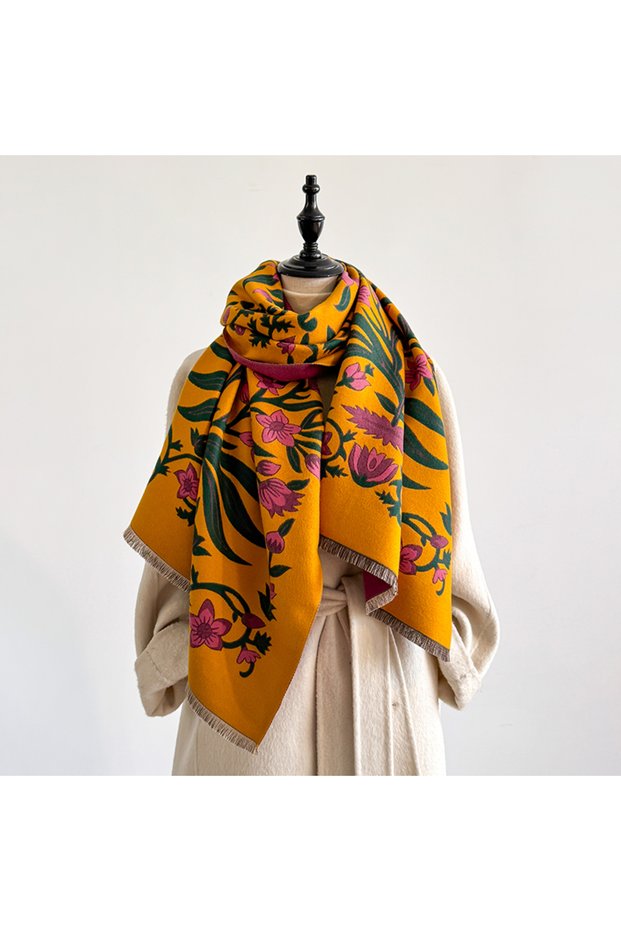 Orange 2025 Luxury Brand Women's Winter Cashmere Scarf - Floral Printed Tasseled Pashmina Shawl Wrap