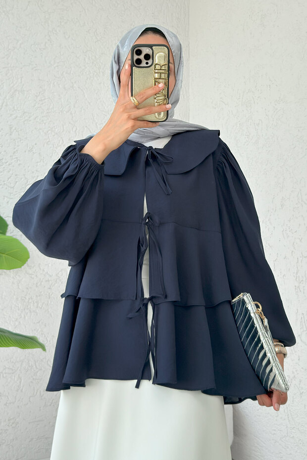 Balloon Sleeve Baby Collar Tunic 2370 - Dark Blue