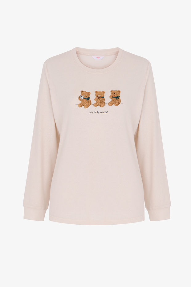 Ecru Daily Routine Bear Patterned Long Sleeve Pajama Top