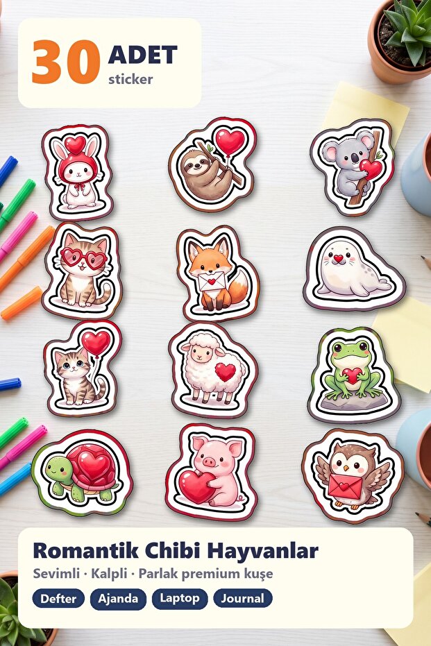 Romantic Chibi Animal Sticker Set 30 Pieces - Cute Notebook Agenda Laptop with Hearts