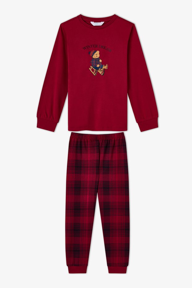 Unisex Kids Burgundy Teddy Crew Fam Long Sleeve Pajama Set