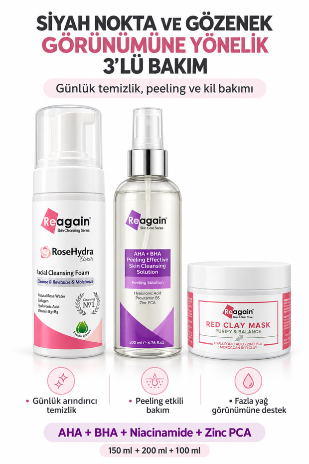 Anti-Blackhead and Pore Appearance 3-Piece Skin Care Set – Aha Bha Peeling 200 ml + Facial Cleansing Foam 150 ml + Red Clay Mask 100 ml