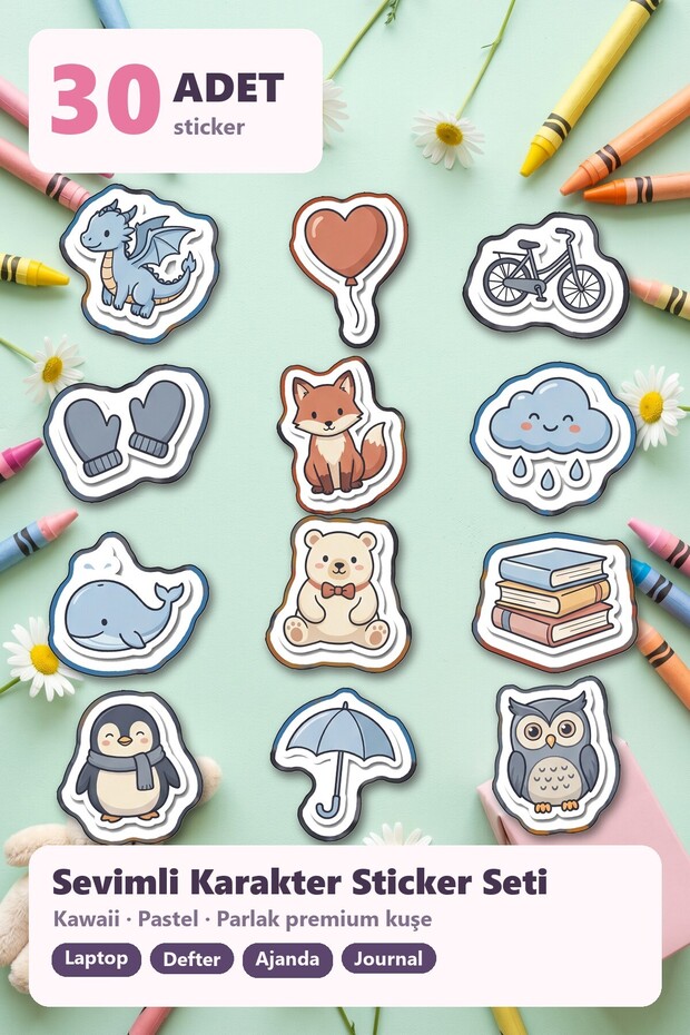 Cute Character Sticker Set with Mini Drawings 30 Pieces - Pastel Colored Laptop Notebook Agenda Journal