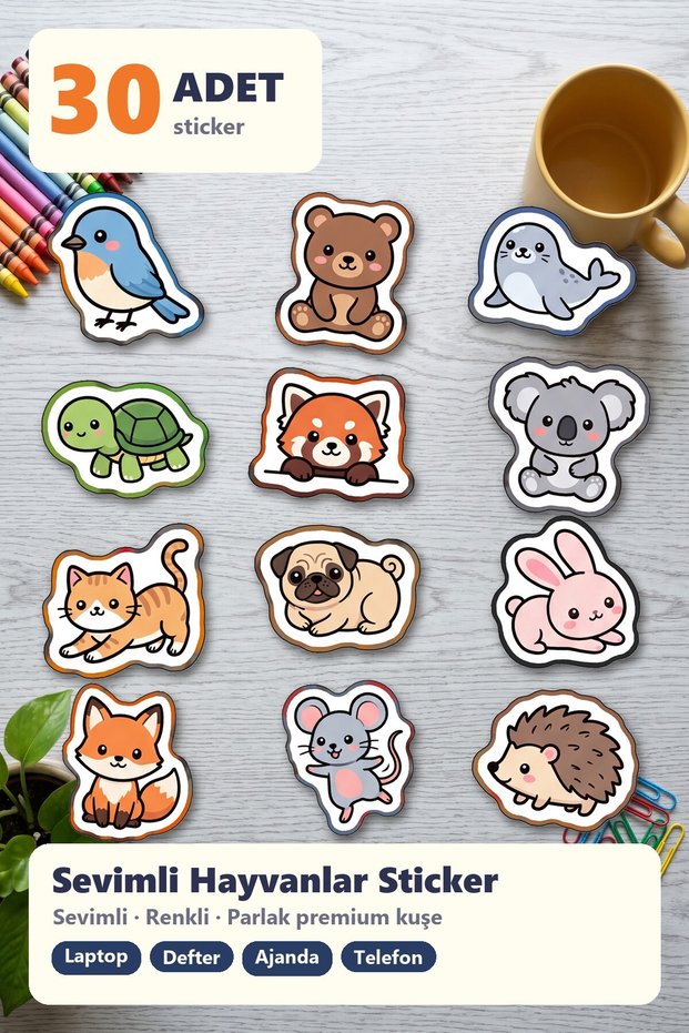 Colorful Drawing Baby Animals Sticker Set 30 Pieces - Sweet Figured Laptop Notebook Phone Agenda