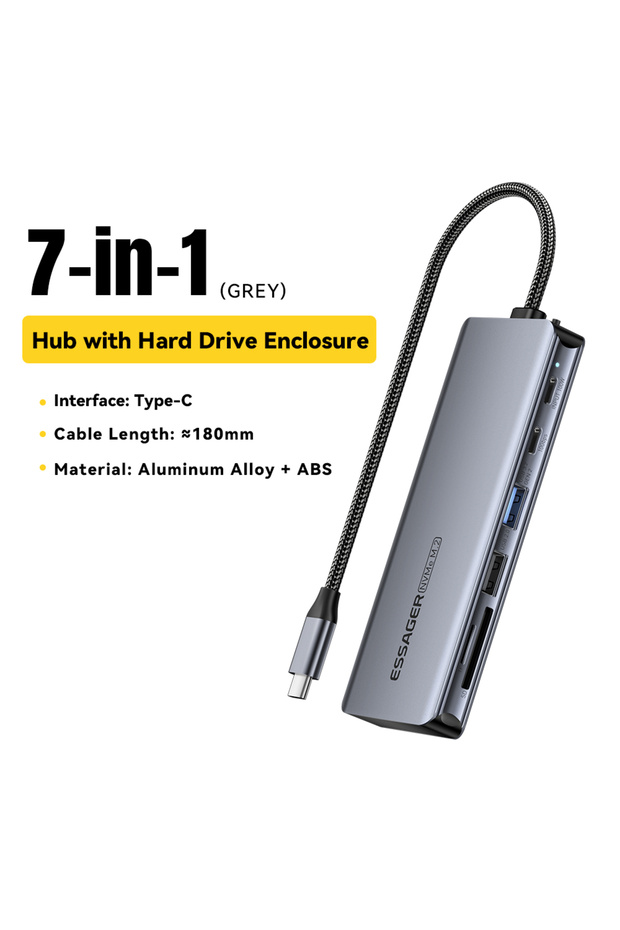 Grey 7 In 1 HUB USB C Hub With M.2 SSD Hard Disk Enclosure 6/7 in 1 PD100W USB3.2 10