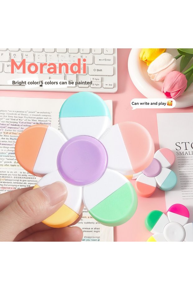 Morandi Fingertip Spiral Highlighter pen, Flower Shape Watercolor Colors 5-In-1 Fluorescent Pens for