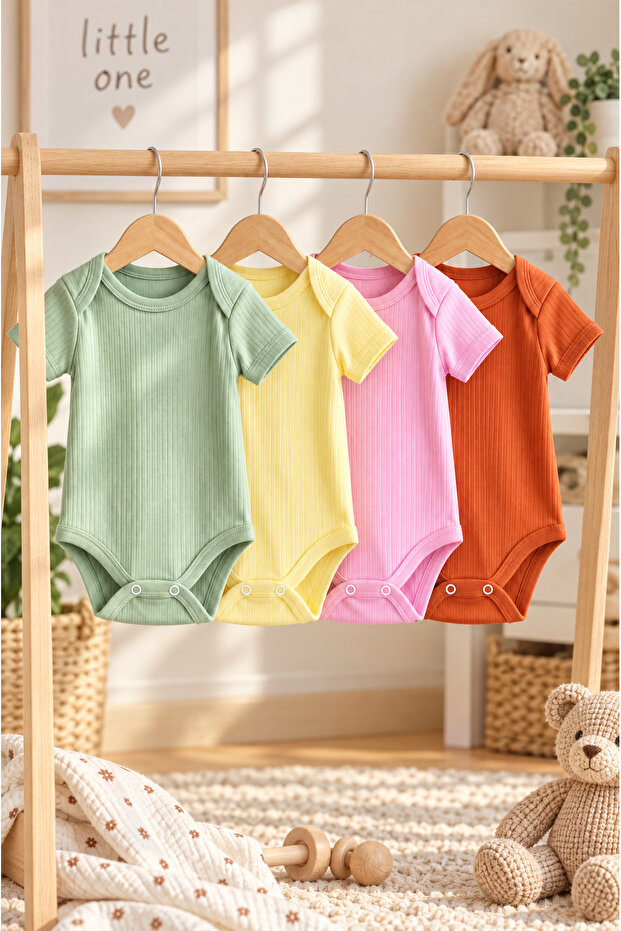 4-Piece Short Sleeve Baby Bodysuit Set 100% Cotton Ribbed Envelope Collar Snap Fastener Bodysuit – Green, Yellow, Pink, Brick