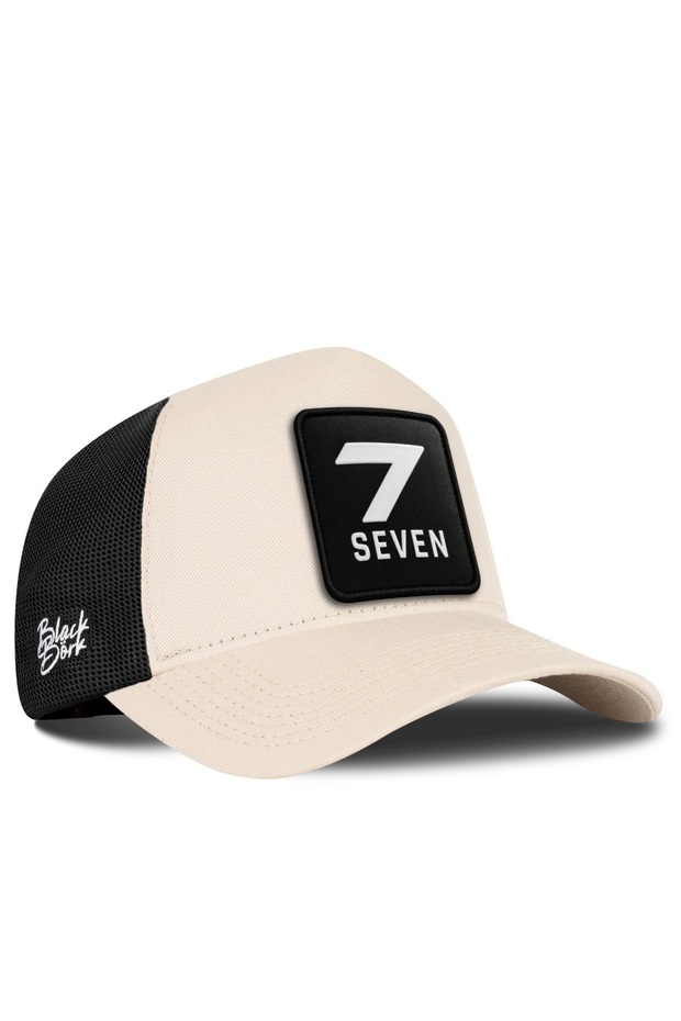 V1 Trucker مقاس 7 - قبعة للجنسين باللون البيج والأسود مع شعار رمز 5sb (CAP)