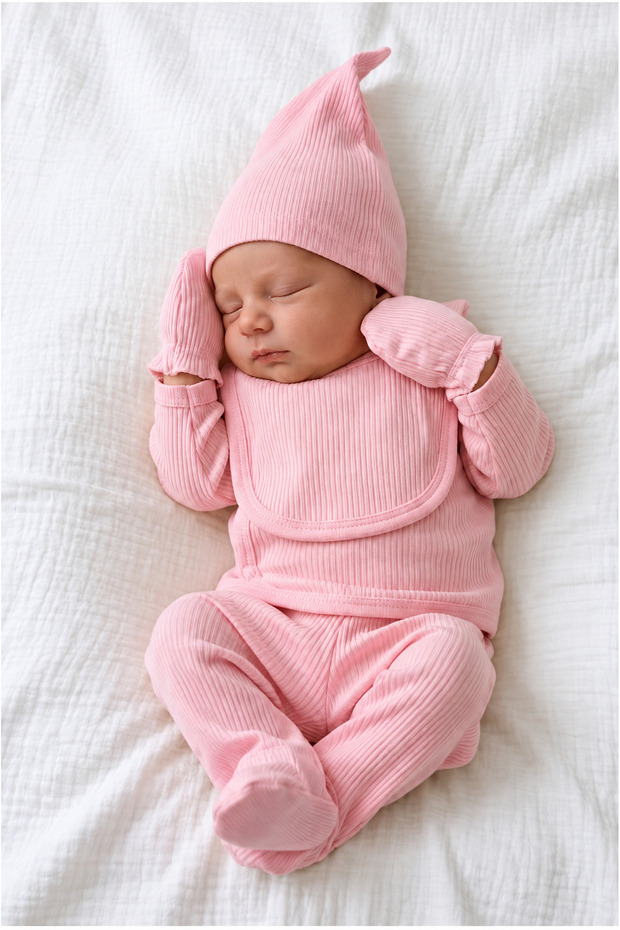 5 Piece 100% Cotton Baby Hospital Discharge Set Double-Breasted Top, Bottom, Gloves, Hat and Bib Set Pink
