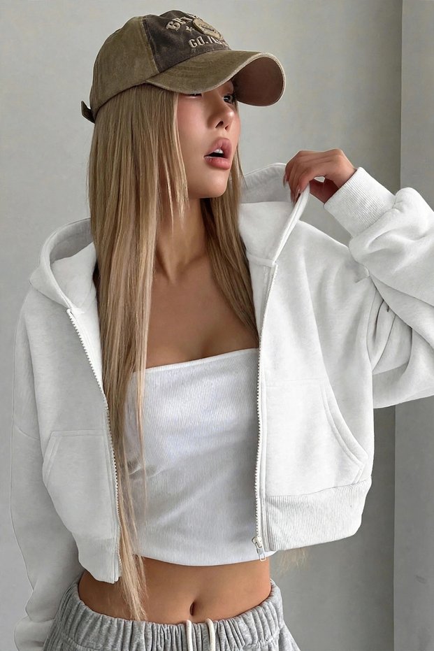 Beyaz Basic Fermuarlı Kapüşonlu Crop 3 İplik Örme Sweatshirt