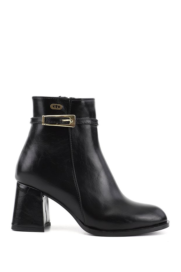 Women's Black Zippered Thick Heeled Boots