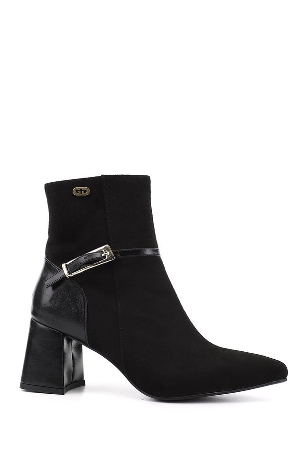 Women's Black Suede Zippered Thick Heeled Boots