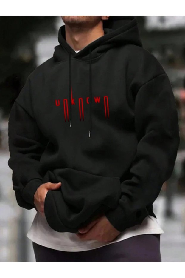 Unisex Black Oversized Hooded 100% Cotton 3 Thread B Printed Hoodie Wide Size