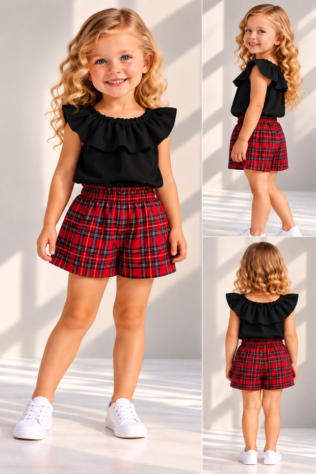 Baby Girl Black Blouse & Red Plaid Pattern Shorts