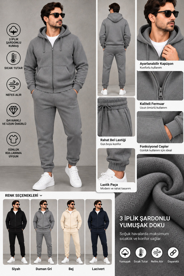 Men's Hooded Zip-Up Tracksuit Set Basic Premium Comfortable Fit Casual Sport