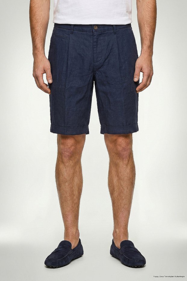 Remparts Navy Blue 100% Linen Bermuda Shorts