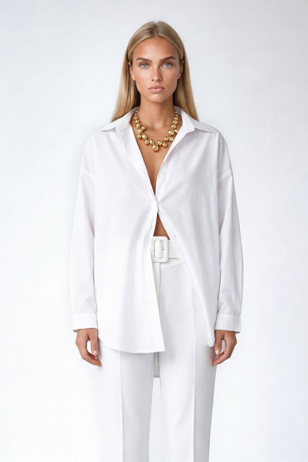 Women's White Oversized Long Woven Shirt Alc-X6828
