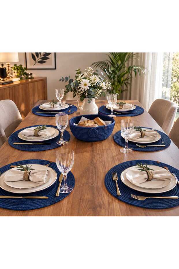6-Piece Supla American Service and Multi-Purpose Basket Navy Blue Set 100% Natural Tres Rope Rope-Bohemian Tableware
