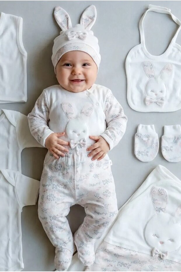 Premium 100% Cotton 10-Piece Hospital Release Zibin Set with Rabbit Embroidery, Embossed Details and Lace Details