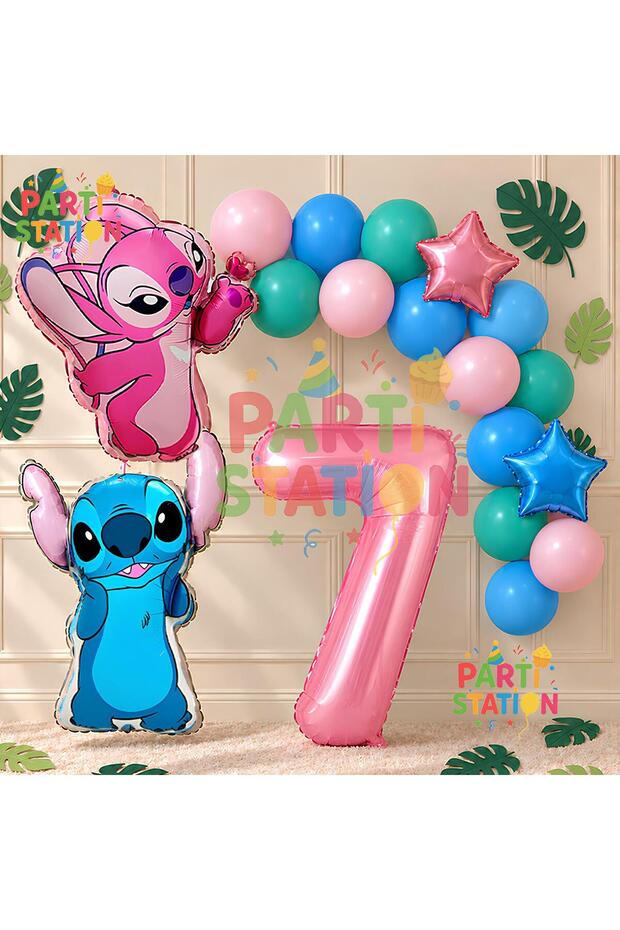 Lilo Stitch Balloon and Angel 7Th Birthday Party Set Pink Number and Chain Balloon Set