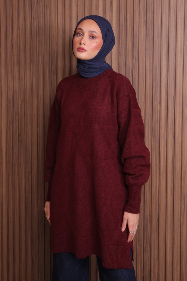 Women's crew neck diamond pattern 80cm soft knit tunic 1140 burgundy