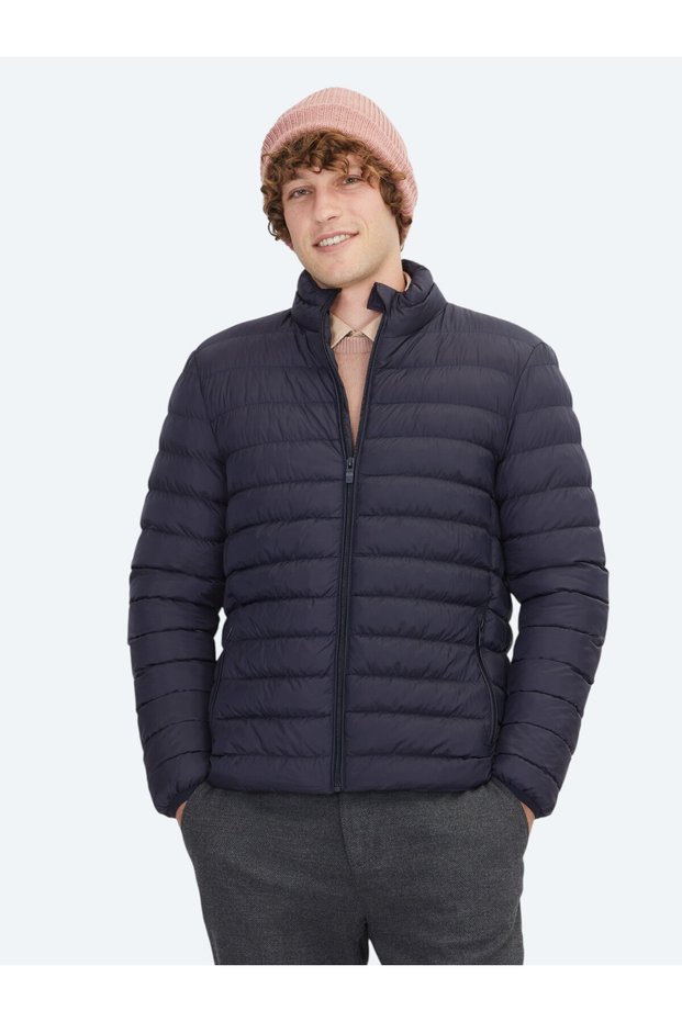 Navy Blue Regular Fit High Collar Woven Coat