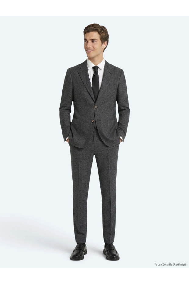 Black Patterned Modern Fit Linen Blend Suit