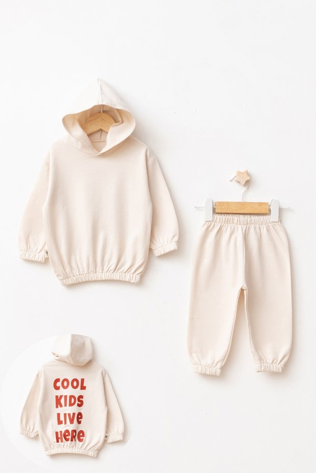 100% Cotton Unisex Oversize Comfortable Fit Children's Hooded Tracksuit Set with Elastic Waist and Cuffs and Printed Back