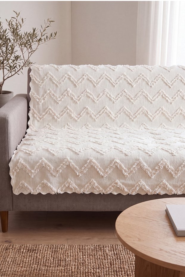Chenille Sofa Cover 175X210 cm Cream Zigzag Patterned Beard Sofa Cover