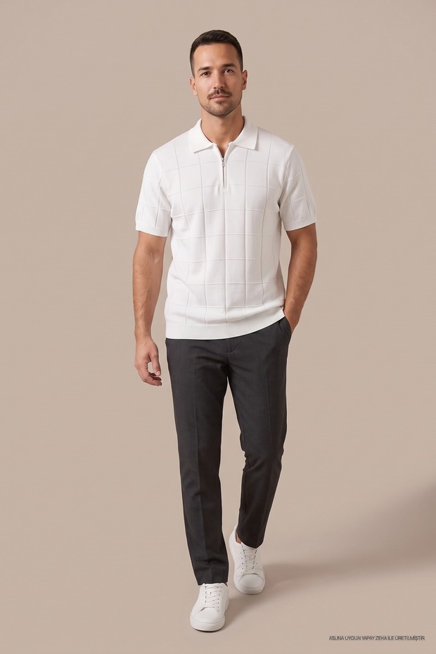 Men's Striped Premium White Knitwear Polo Neck T-Shirt