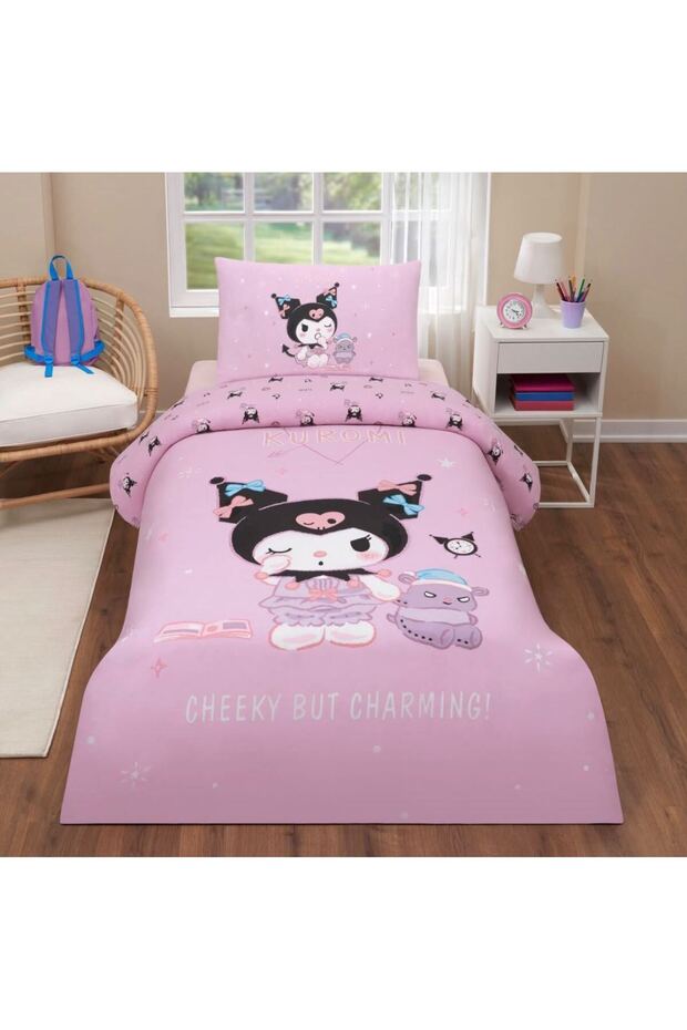 Children's Bedding Set Licensed Ranforce 100% Cotton Pink Kuromi with Elastic Sheets