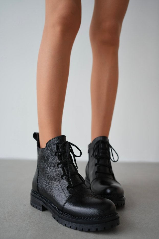 Matilda Genuine Leather Women's Zippered Boots with Lacing Accessories - Black
