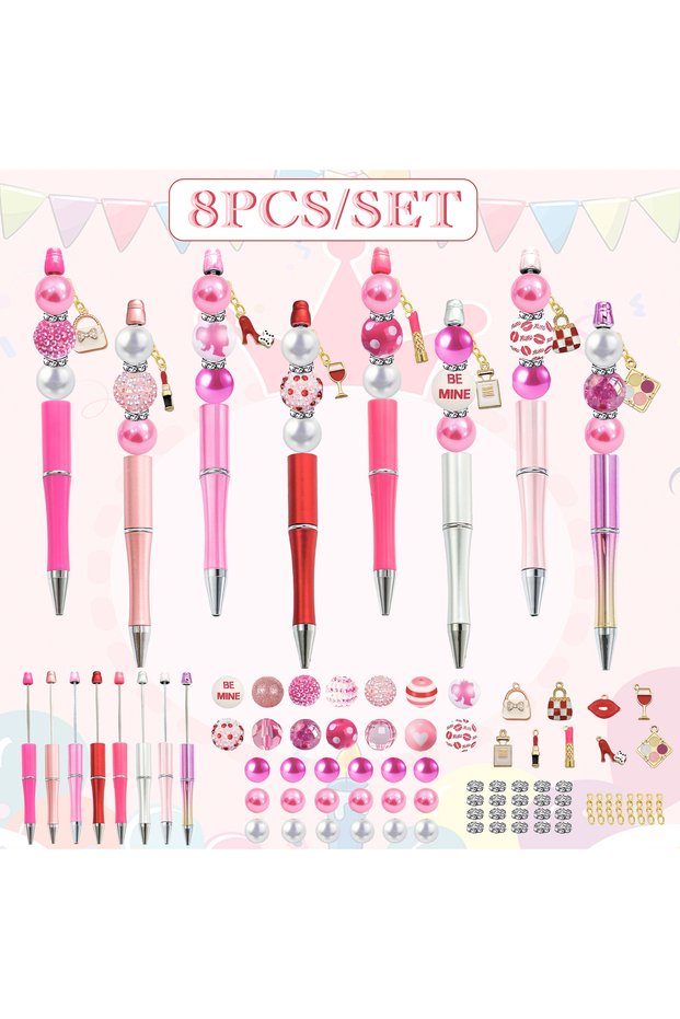 8PCS 8PCS Pink Rose Women's Popular Cosmetic Lipstick Perfume Leather Bag Valentine's Day DIY Beaded