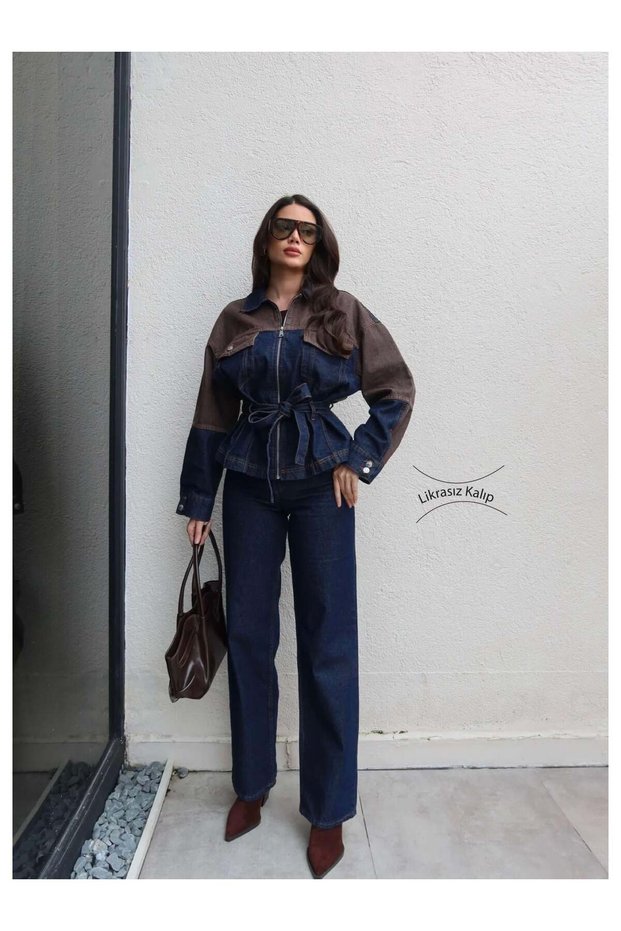 Double Color Denim Belted Two-Piece Set