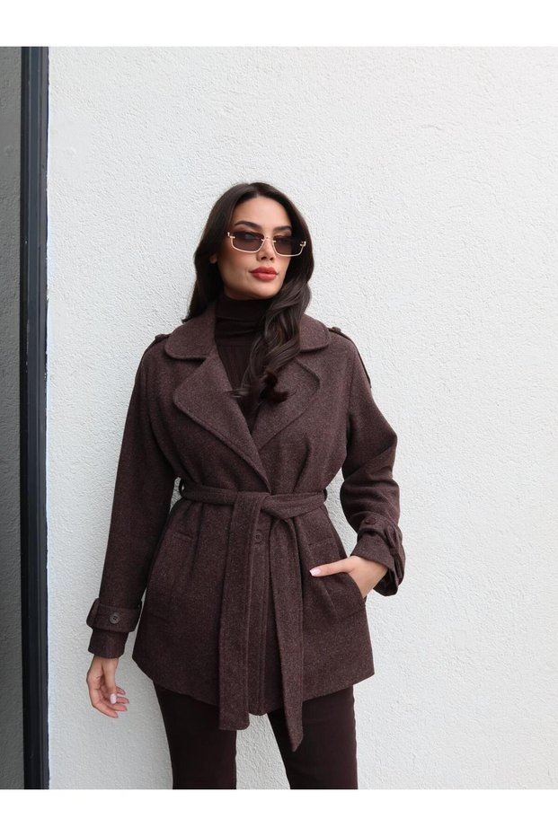 Short Cashmere Coat with Sleeve Epaulettes and Tie