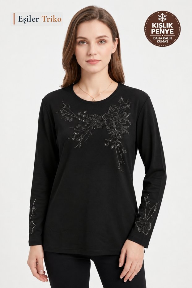 Women's Winter Peony Pattern Collar and Sleeves Embroidered, Stoned Clover Fabric Mother Combed Cotton Blouse