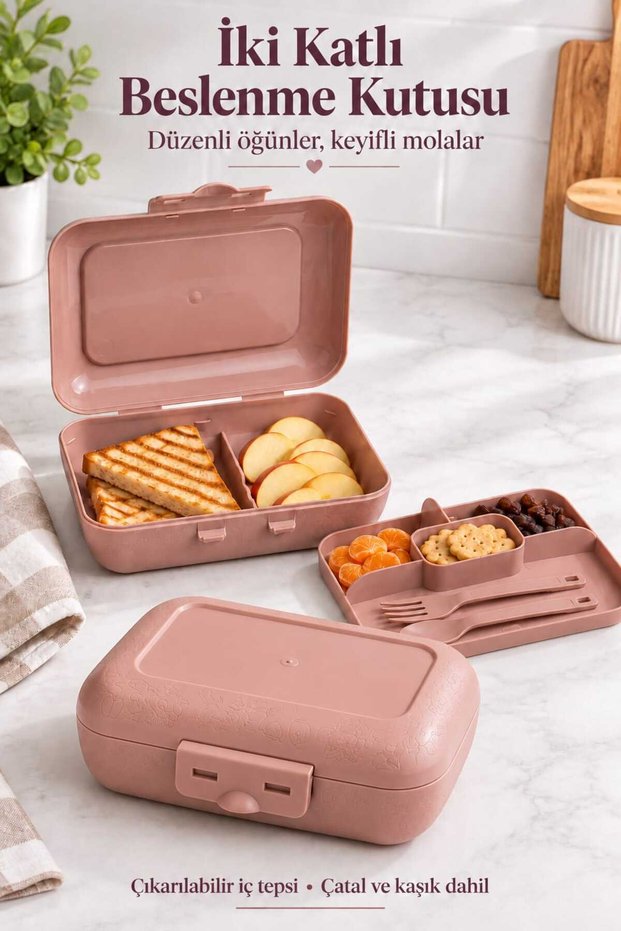 Pudra Lunch Box 2 Tiers 5 Compartments Lunch Box with Self-Fork and Spoon