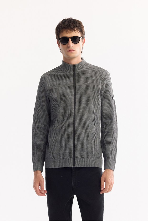 Men's Anthracite Stand Collar Zippered Wool Blend Textured Regular Fit Cardigan A52Y5044
