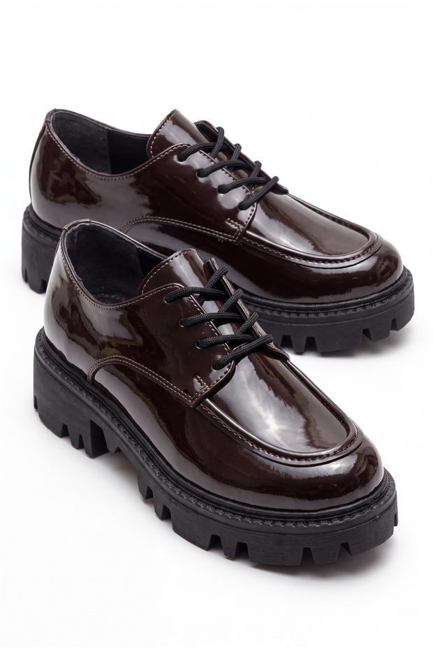 Women's Brown Patent Leather Lace-Up Oxford Loafer Moccasin Flat Sole Daily Office Shoes 142